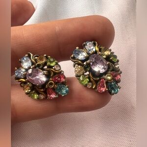 Hollycraft Signed VTG 1950 Multicolored Pastel Rhinestone Screw Back Earrings